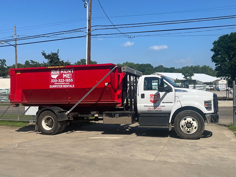 A 20 yard dumpster on a truck